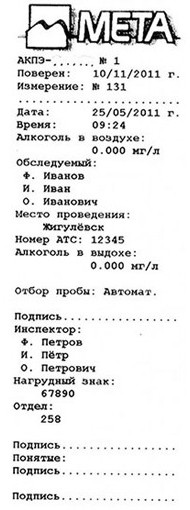 Встроенный принтер алкотестера распечатывает протокол, в котором указаны ФИО инспектора и обследуемого, а также результаты теста