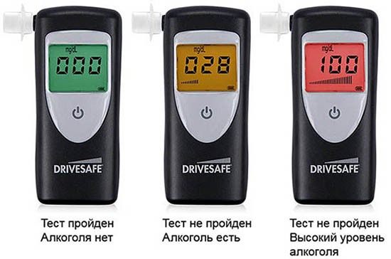 Модель "Drivesafe 2" сигнализирует о концентрации алкоголя в выдохе цветовой сигнализацией ЖК-экрана